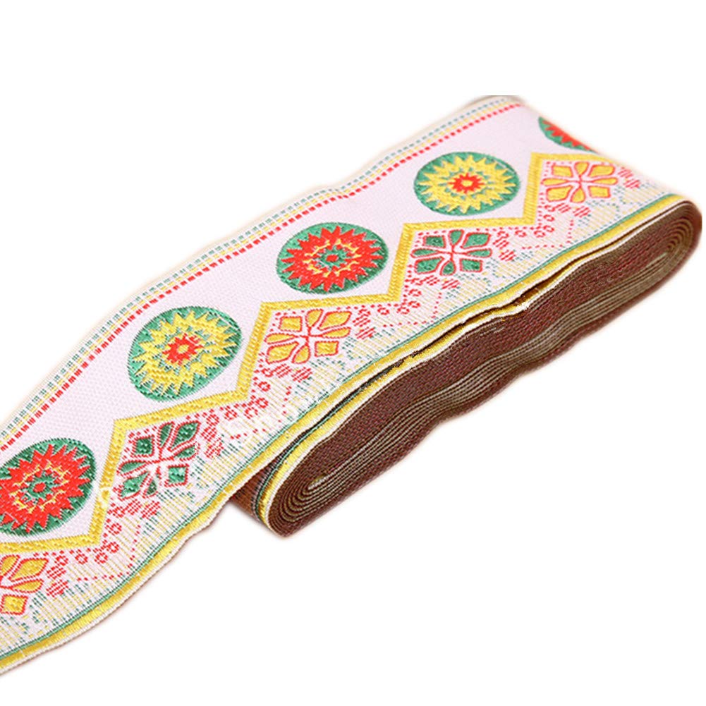 7 Meters Sunrise Sunset on The Moutain Jacquard Ribbon Suzani Floral Lace Embroidered Woven Trim for Embellishment Craft Supplies (White, 5cm)