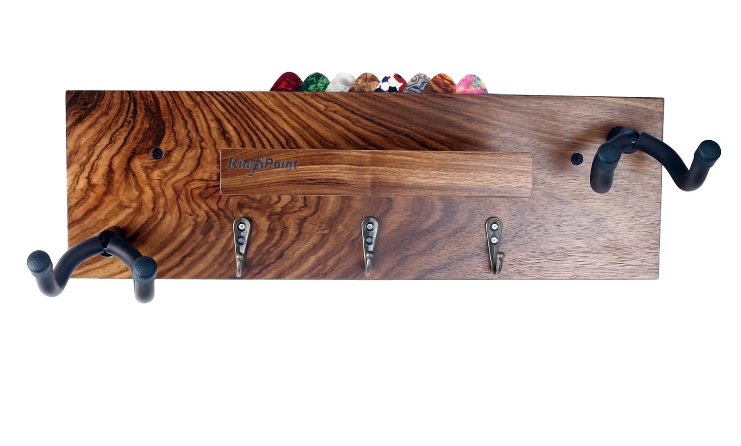 KingPoint Guitar Wall Mount Hanger Wall Shelves Guitar Holder Bracket Rack Wooden Guitar Wall Hook with Pick Holder and 3 Metal Hooks for Electric Guitar, Acoustic Guitar