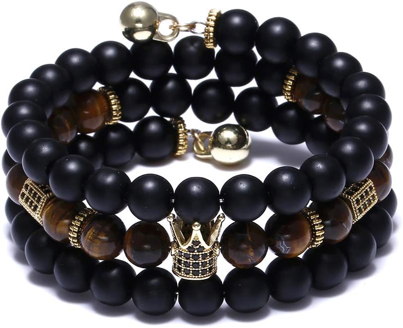 FUTTMI 8mm Multi-Layer Crown King Charm Bracelet for Men Women Black Matte Onyx Natural Stone Beads Couple Jewelr