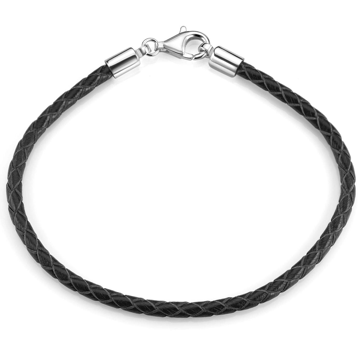MATERIA by Matthias Wagner A58 Women's and Men's Leather Bracelet 3.2 mm Black 925 Silver Leather Bracelet 18-22 cm, 17 centimeters, Leather