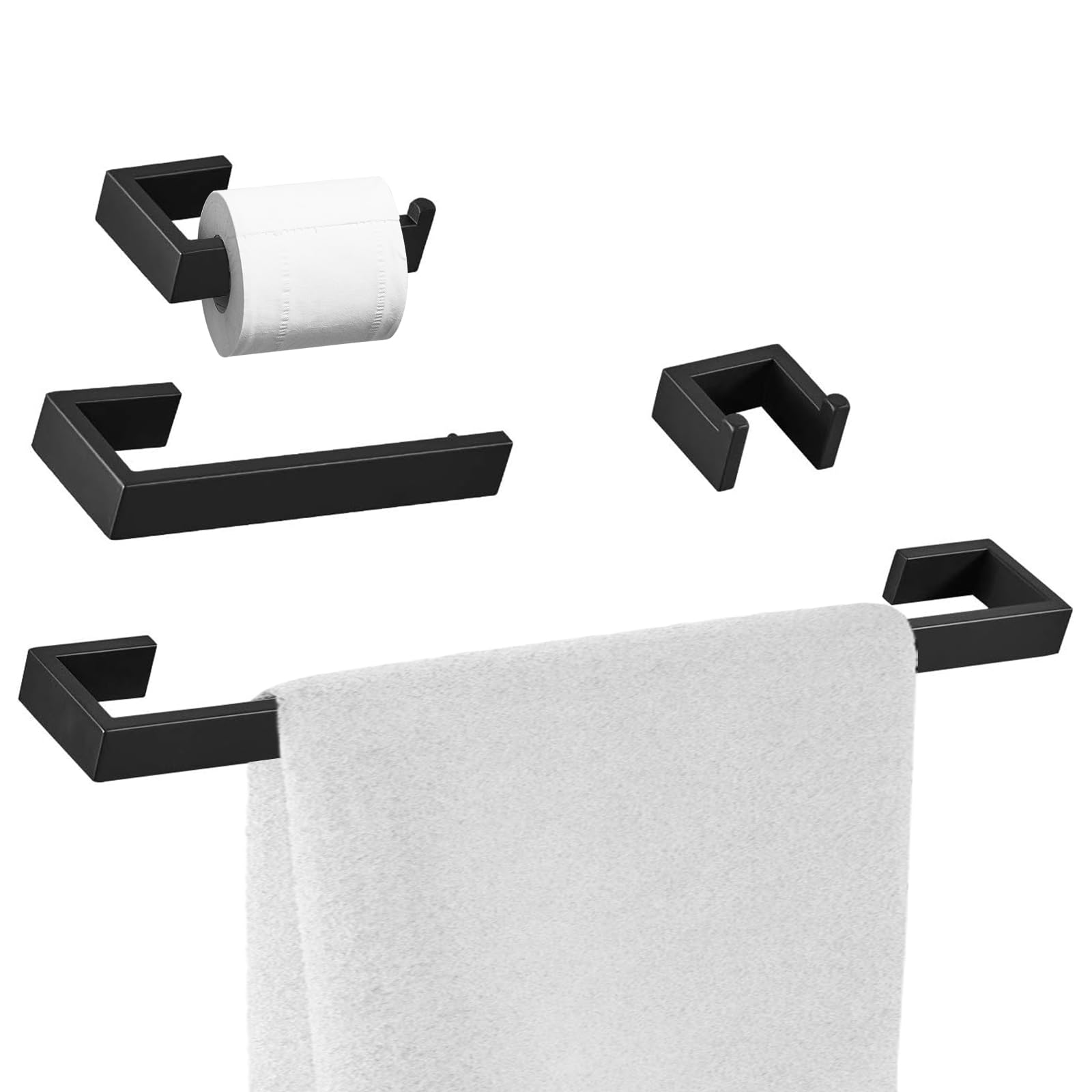 BWE Bathroom Accessories Set 4 Pieces Towel Bar Set with Towel Holder Robe Hook Toilet Paper Holder Bathroom Hardware Set Matte Black Bath Hardware Accessory Kit Wall Mount Stainless Steel