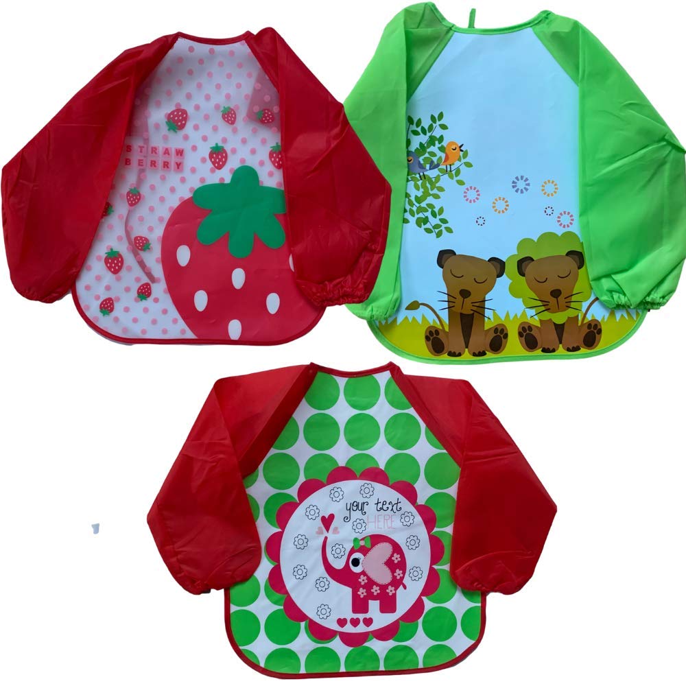 3PCS Long Sleeve Waterproof Baby Weaning Coverall Bibs for Toddler Infant Girls and Boys Aged 6 Months to 3 Years Feeding Apron Bib (Neutral (Red & Green))