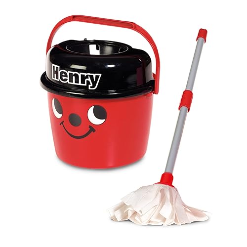 Casdon Henry Mop & Bucket | Branded Toy Cleaning Set For Children Aged 3+ | Features Henry’s Cheeky Face For Lots Of Cleaning Fun! (65650), Red