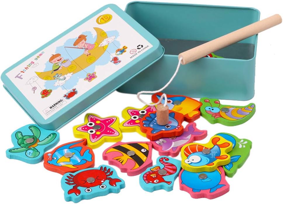 Magnetic Wooden Fishing Game Toy for Toddlers - Set of 15 Fish Catching Preschool Board Games Toys for 3 4 5 Year Old Girl Boy Kids Birthday Learning Education Math with Magnet Poles