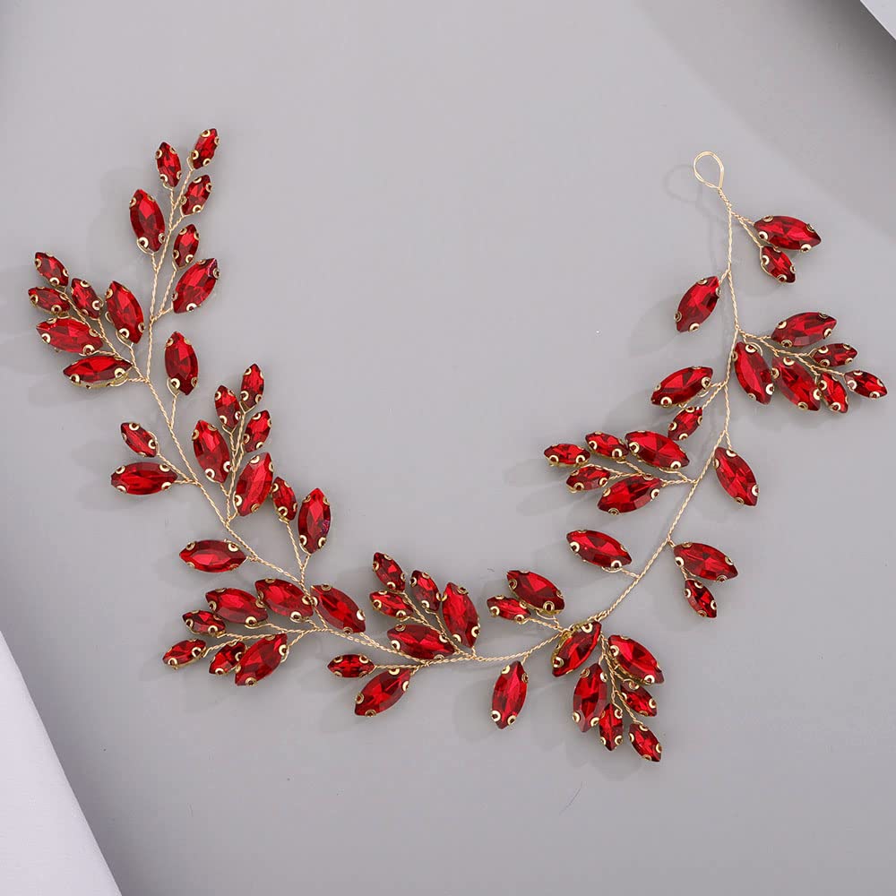 Chargances Bridal Crystal Hair Vine Wedding Red Rhinestone Headband Fashion Bride Hair Vine Wedding Prom Flower Girl Hair Accessories for Women and Girls (Red)