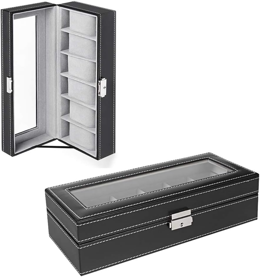 NEX 6 Slot Leather Watch Box Display Case Organizer Glass Jewelry Storage Black: Home & Kitchen