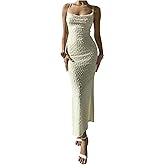 GORGLITTER Women's Cowl Neck High Slit Bodycon Dress Spaghetti Strap Swiss Dots Party Maxi Dresses