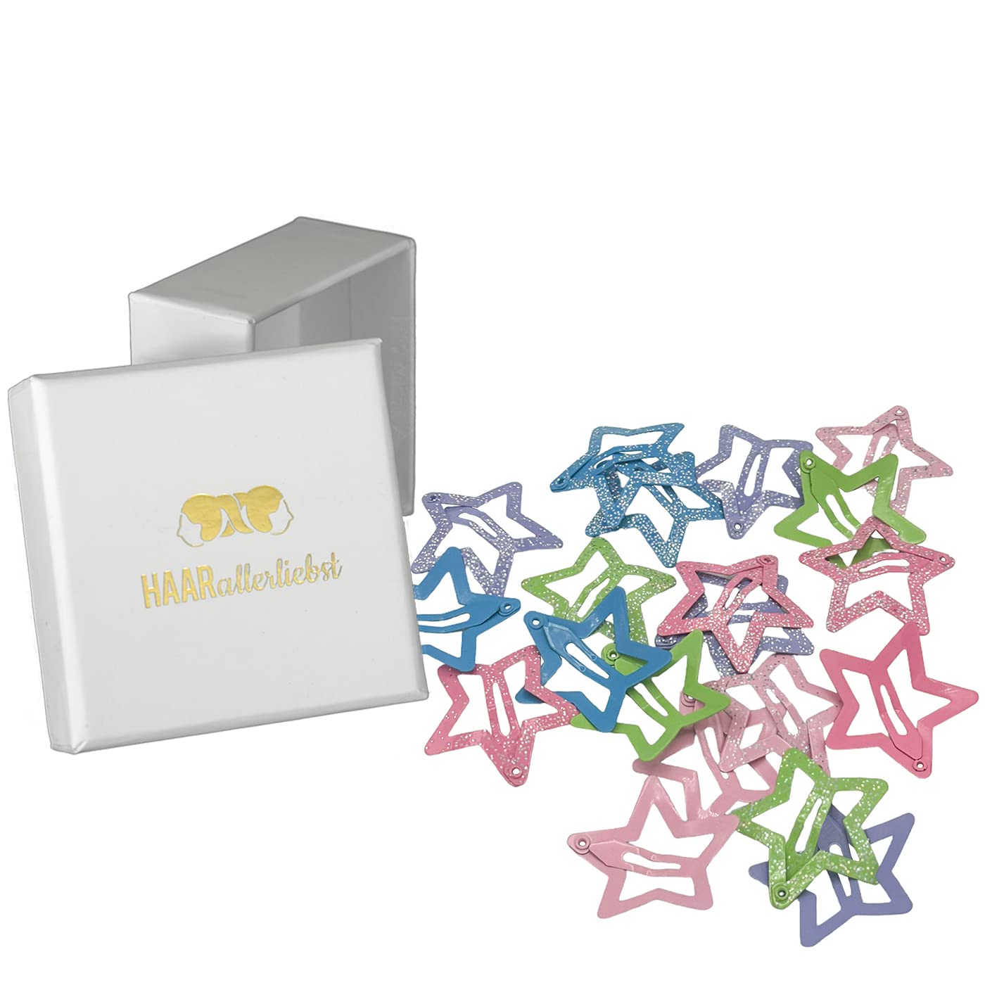 HAARallerliebst Small Stars Hair Clips (Pack of 20) Colourful Glitter 3 cm for Girls with Box for Storage