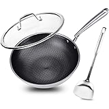Potinv 12.5" Stainless Steel Wok, Nonstick Stir Fry Pan with Lid and Spatula, Induction Compatible, Scratch Resistant, Dishwa