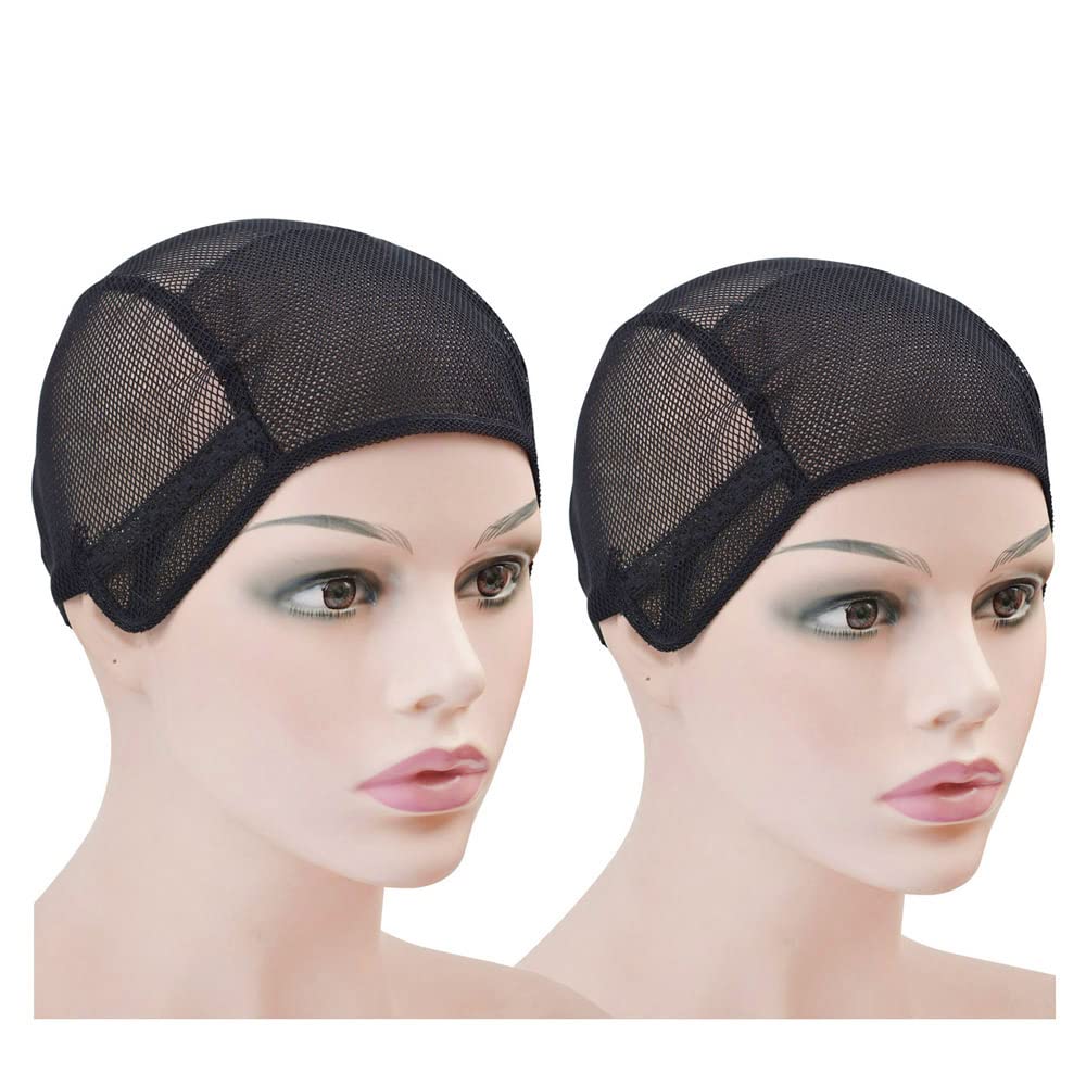 2 Pcs Stretch Wig Caps for Making Wigs Mesh Weaving Caps with Adjustable Straps for Making Wigs Front double mesh (Black L)