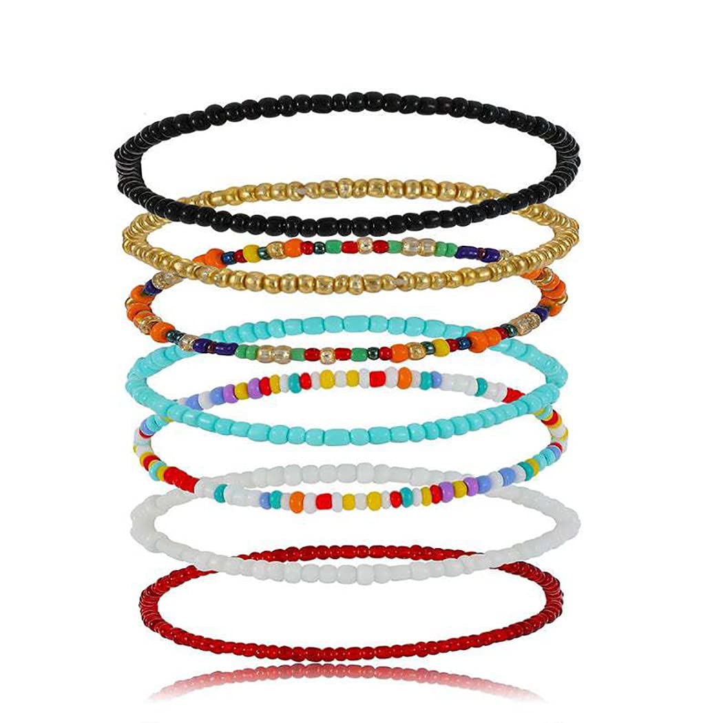Prosy Boho 7 Piece Colorful Beaded Anklets Beach Handmade Ankle Bracelets Foot Jewelry Adjustable for Women and Girls