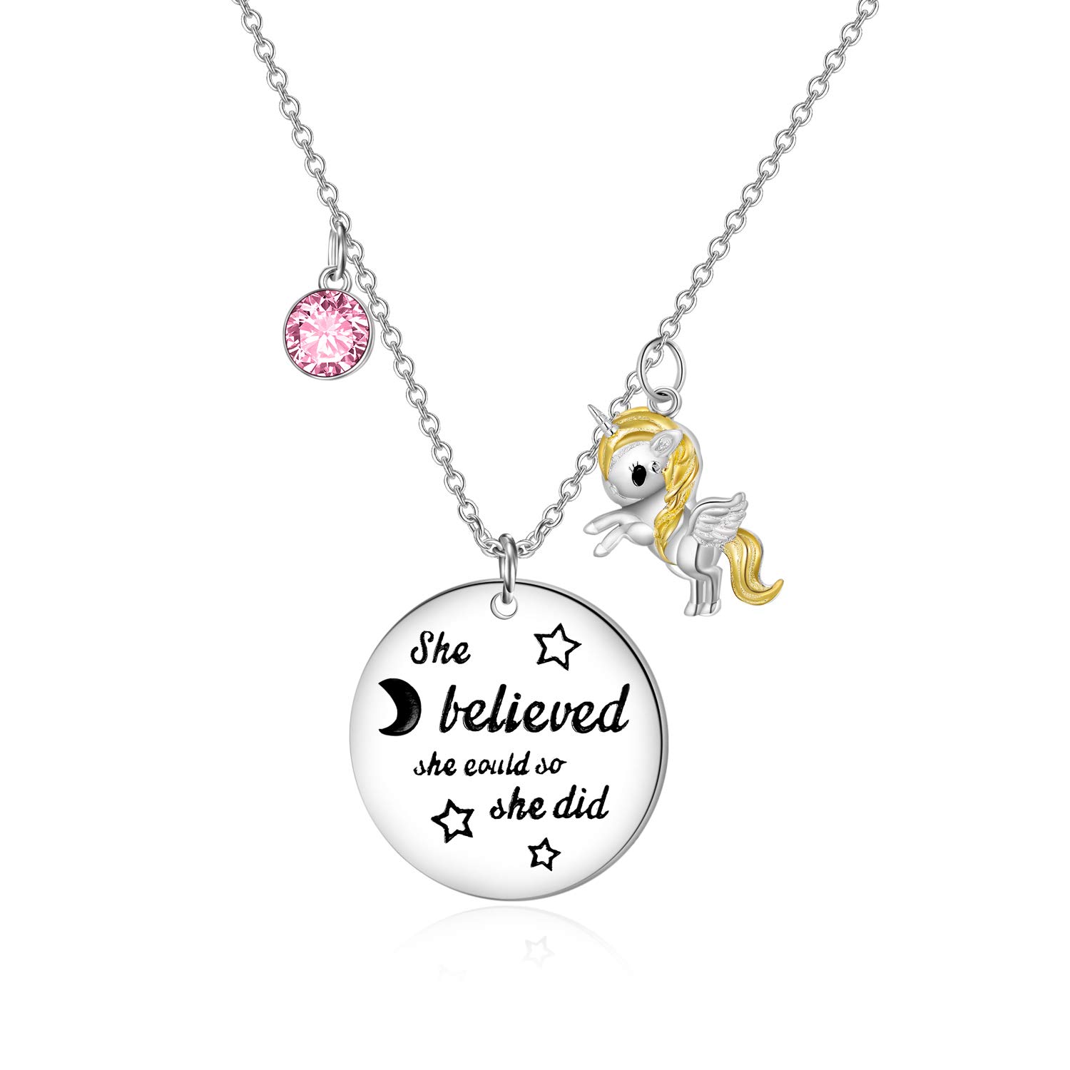 AOBOCO Unicorn Gifts for Girls Sterling Silver Unicorn Necklace with Birthstone Crystals Unicorn Jewellery Birthday Gifts for Daughter Her Women Pink