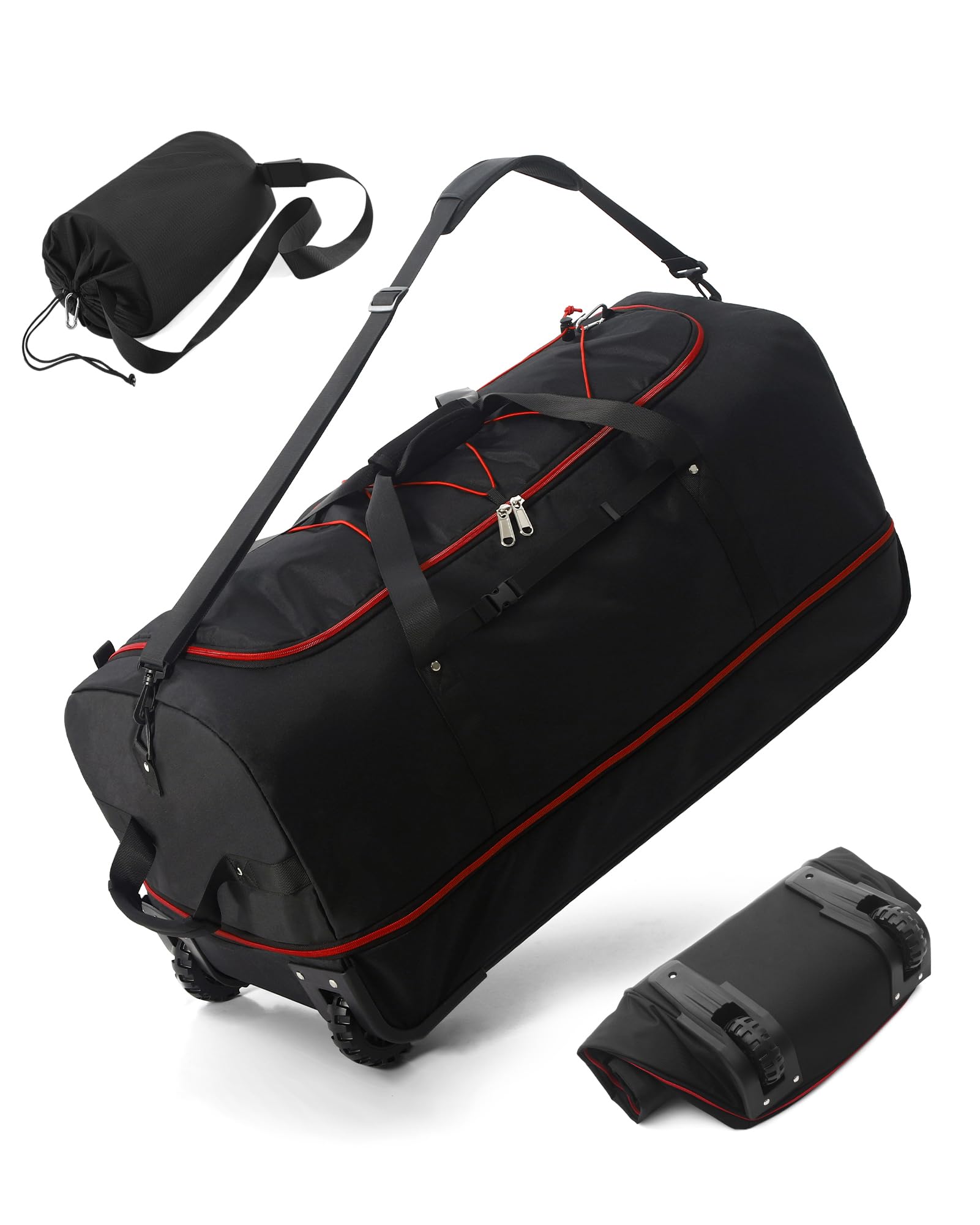 CONTAIL 32” Soft-side 110L Expandable 140L Rolling Duffle Bag with 2 Inline Wheels,Convertible Weekend Travel Bag with Bungee-Cord System,Black-red