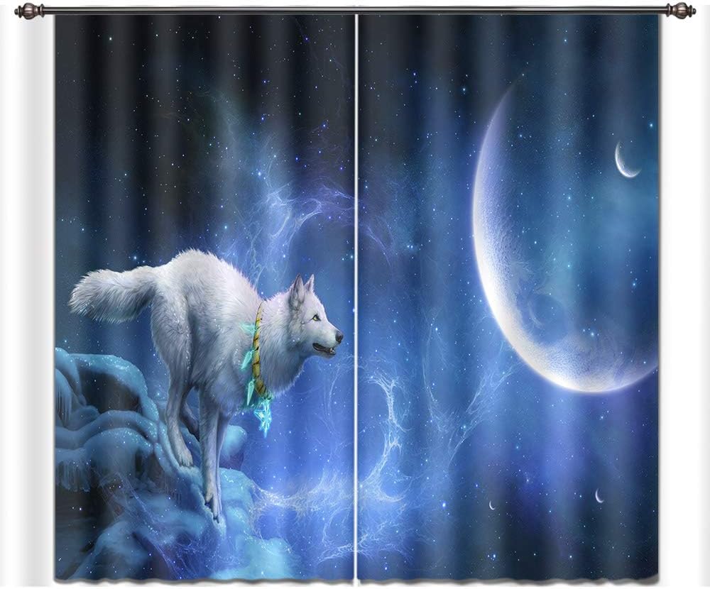 LB Wolf Decor Curtains for Bedroom Living Room,White Wolf and Blue Space Room