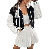 SweatyRocks Women's Letter Print Hooded Bomber Jacket Color Block Long Sleeve Cropped Baseball Jacket Outerwear