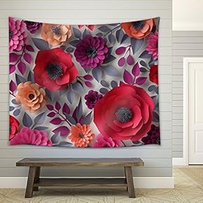 Illustration - 3D Render, Digital Illustration, Red Pink Paper Flowers, Bridal Bouquet - Fabric Wall Tapestry Home Decor - 51x60 inches