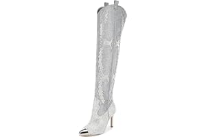 CKSNDLF Women's Western Cowboy Thigh High Boot Rhinestones Cowgirl Boots Glitter Sparkly Boots Over The Knee High Heel Pointed Toe Wedding Party Shoes