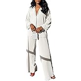 kaimimei Casual 2 Piece Outfit for Women - Linen Long Sleeve Button Down Shirt + Flare Pleated Wide Leg Pants Sets Streetwear
