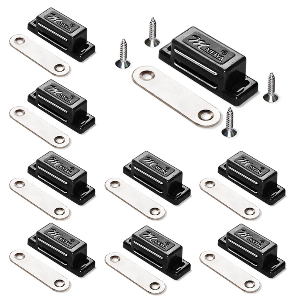 12Pack Cupboard Magnetic Door Catch for Cabinet Heavy Duty Magnet Catches Kitchen Latch Small Home Furniture Plastic Shell Metal Plate with 48pcs Screws (Black)