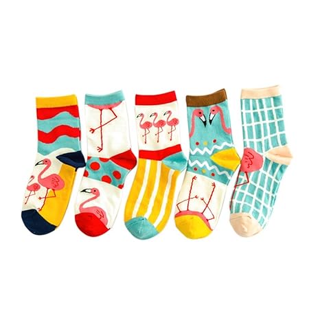 Frauen Damen Süß Baumwoll Socken Flamingo Stil, 5 Paar