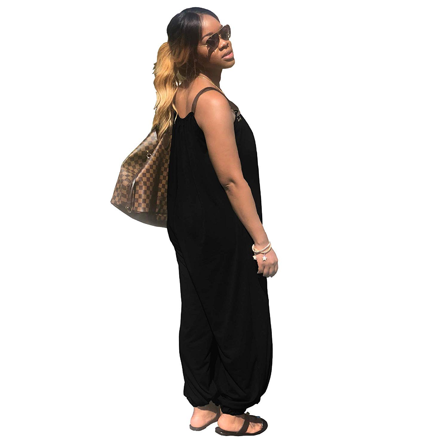 Women Baggy Harem Jumpsuits - Solid Color Sleeveless Loose Casual Long Pants Jumpsuit Rompers Black S