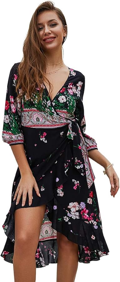 v neck floral wrap dress