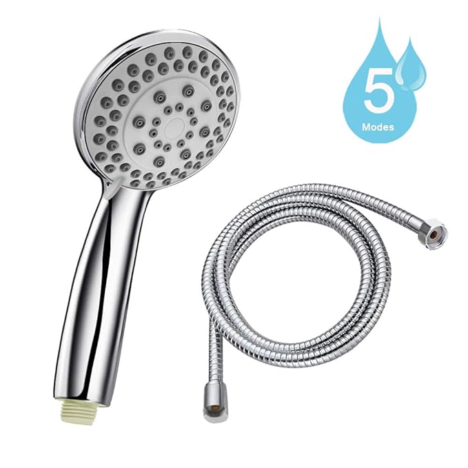 Duschkopf, phixilin Hochdruck Handbrause mit 1.5m Edelstahl Schlauch 5 Strahlarten Regendusche und Massage Funktion Chrom Dus