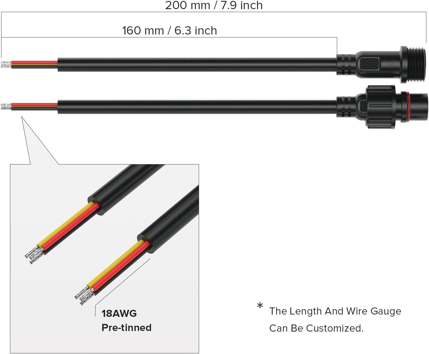 BTF-LIGHTING 3 Pin Waterproof Electrical Connector 18AWG IP65 Male Female Connector 7.87in/20cm Extension Cable For Truck Boat Indoor/Outdoor LED Strip Lights/String 22mm Nut Big Size 5 works - Image 3
