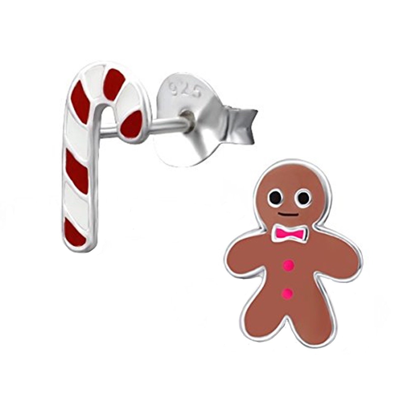 Gingerbread Man & Candy Cane Christmas Earrings - Sterling Silver Ginger Bread