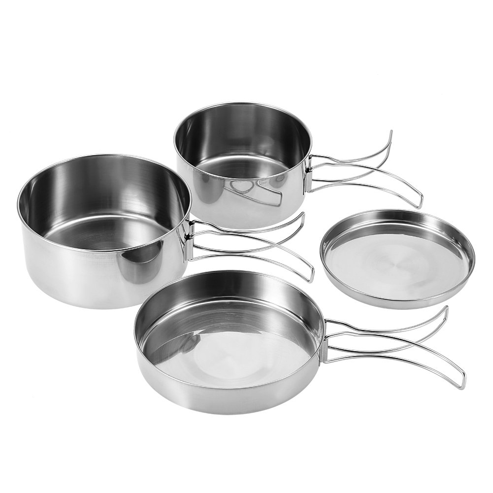 Stainless Steel Cookware Set, Dilwe 4 Piece Lightweight Pot Set for Hiking Outdoors