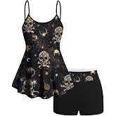 ROSE GAL Women Plus Size Gothic Tummy Control Modest Tankini Swimsuit Skulls Print Two Piece Bathing Suits