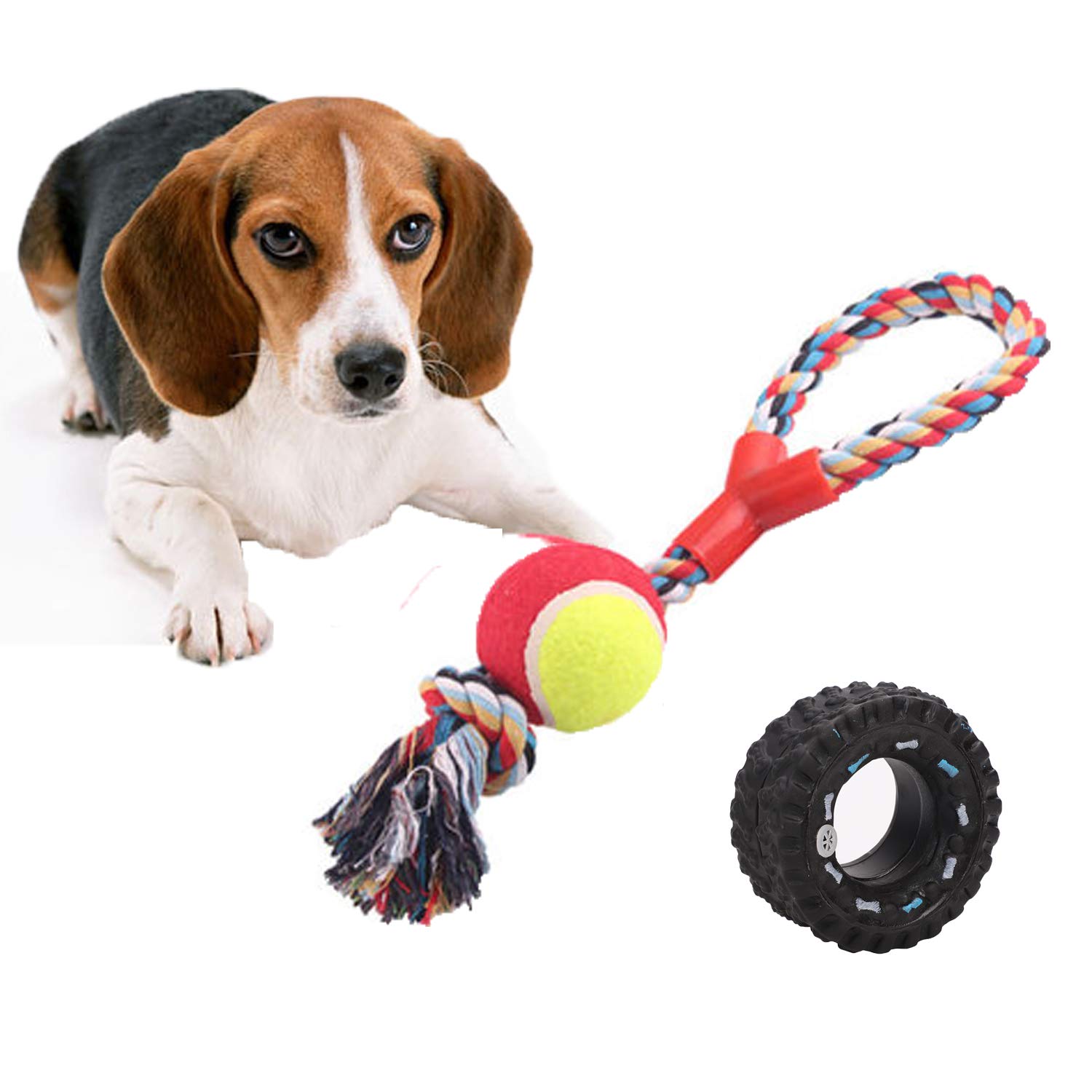 Dog Rope Toy Dog Chew Toy Ball Cotton Knot Rope Tug Rope Ball Strong Squeaky Dog Rubber Chew Toy Tire Durable Dog Molar Bite Toy For Puppy Aggressive Chewer Small Medium Dogs Teeth Cleaning Toys