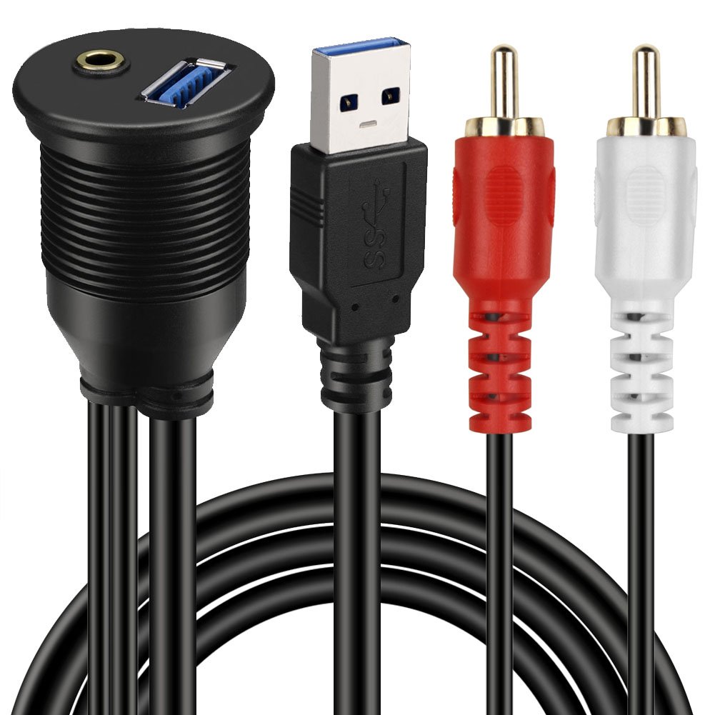 BATIGE USB 3.0 & 2 RCA Male To 3.5mm USB3.0 Female Car Mount Flush Cable 2RCA USB 3.0 Flush Mount Extension Cable - 3ft