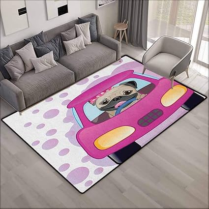 Amazon Com Bedroom Rug Pug Dog Driving On The Cute Pink