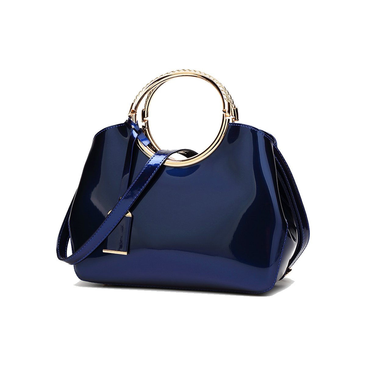 Coolives Womens Ring Handle PU Patent Leather Handbag Royal blue