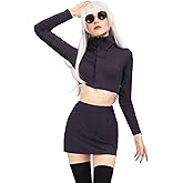 C-ZOFEK Anime Cosplay Women Purple Halloween Costume Crop Top Split Skirt with Glasses