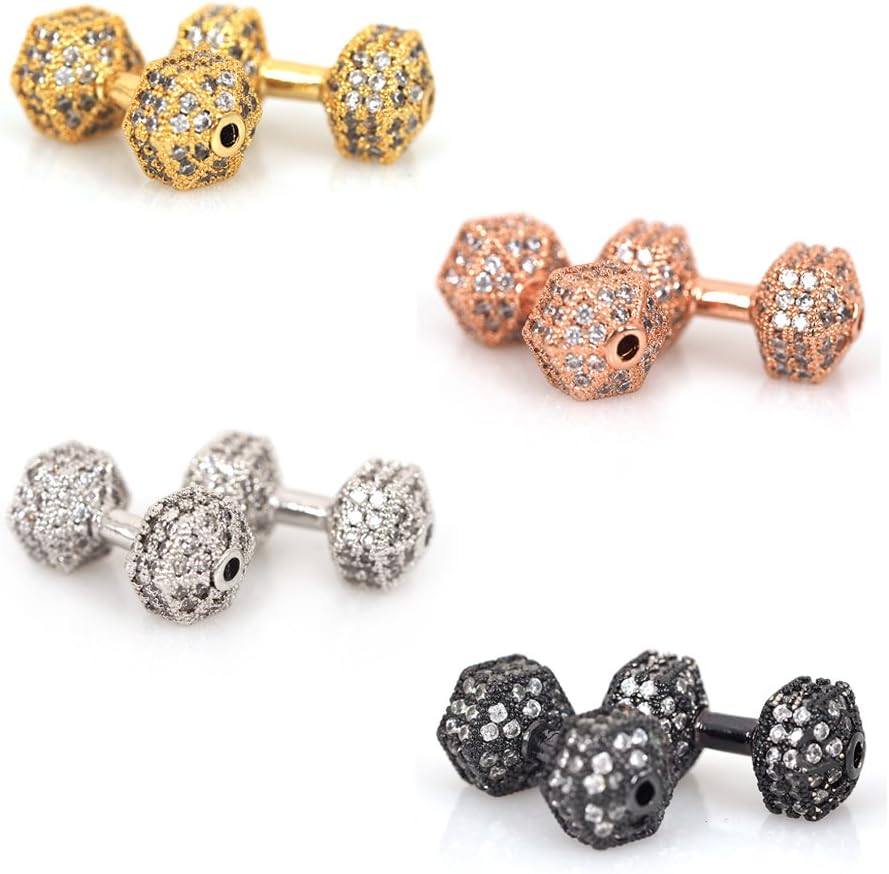 SouthBeat Micro Pave CZ Crystal Fitness Dumbbell Beads for Men's Energy Barbell Bracelet Making Silver Gold Rosegold Black Plated Barbell Charms Beads 22x12mm (10Pcs, MixColor)