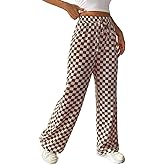 Women's Casual Checkered Pants Drawstring Elastic Waist Comfy Loose Straight Wide Leg Plaid Pants with Pockets
