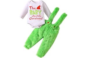 VISGOGO Infant Baby Boy Girls Christmas Jumpsuit Set Letter Print Long Sleeve Romper Green Suspender Costume Pants