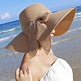OULII Summer Floppy Beach Straw Hats Bowknot Caps Wide Larege Brim Caps for Women（Khaki）