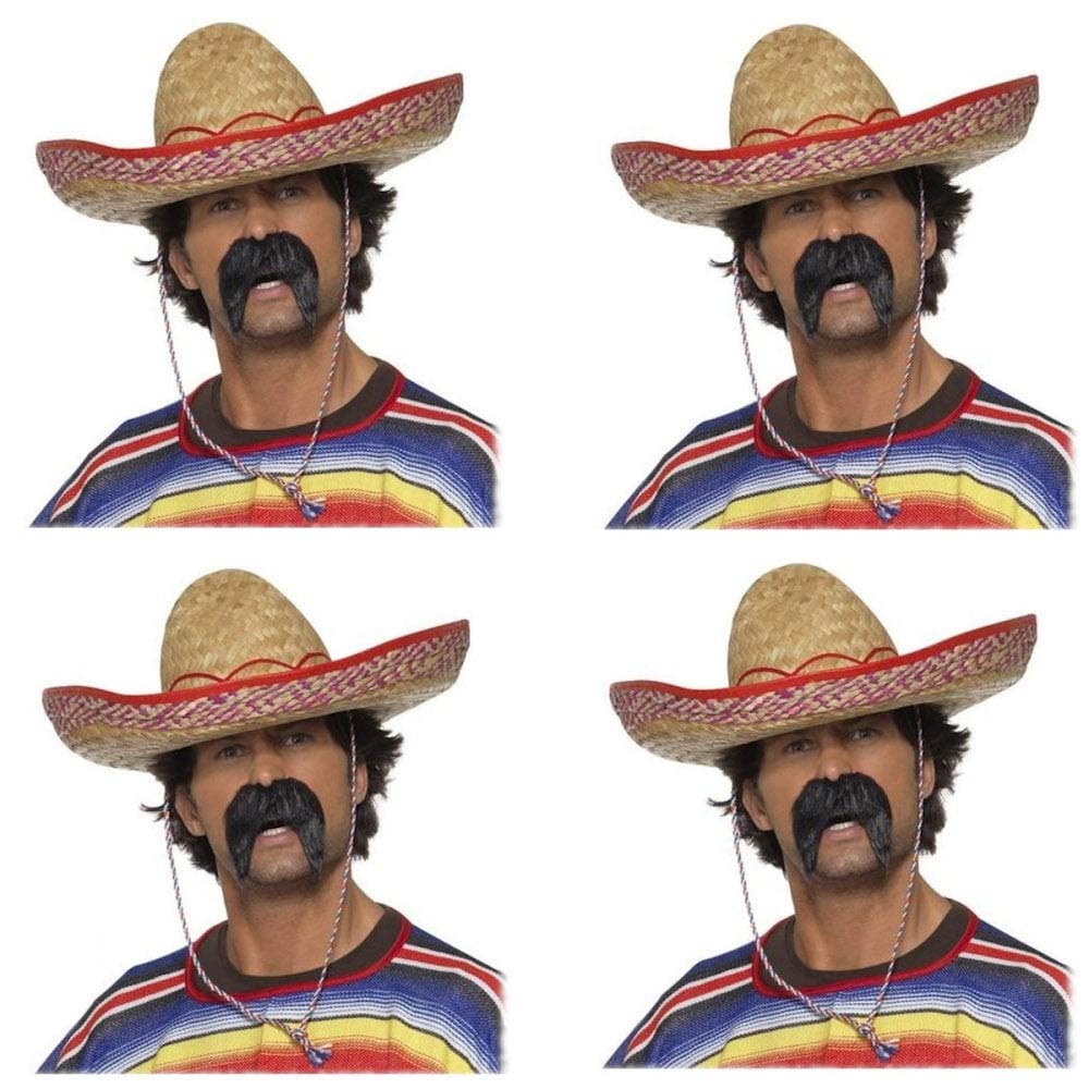 A2ZFD Mexican Sombrero Hat + Black Gringo Moustache - Adult Men or Women Carnival Fancy Dress (One Size - 4 x Packs)