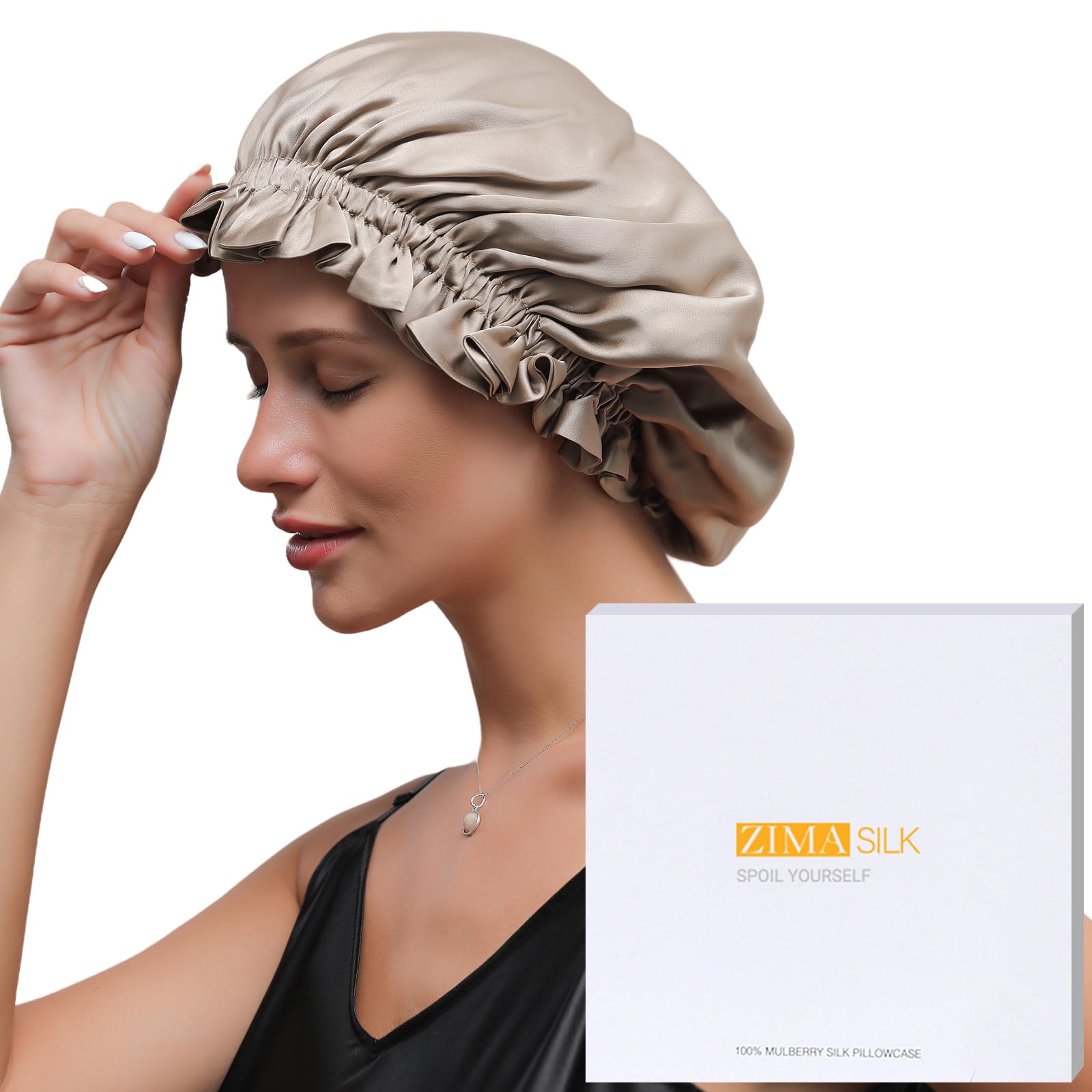 ZIMASILK 100% Mulberry Silk Bonnet for Women Hair Care, Double-Layer Silk Shower Cap, Natural Silk Hair Wrap for Sleeping with Elastic Stay On Head (1Pc, Taupe)