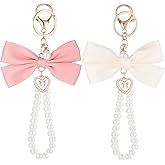 InnoHHustle 2 Pcs Bow Keychain, 2 Styles Beige Pearl Keychain Coquette Keychains Cute Bow Purse Charms Bag Charm Keychains Bows Key Chains Wistlet Accessories Bows Gifts for Women Car Keys Bag Purse