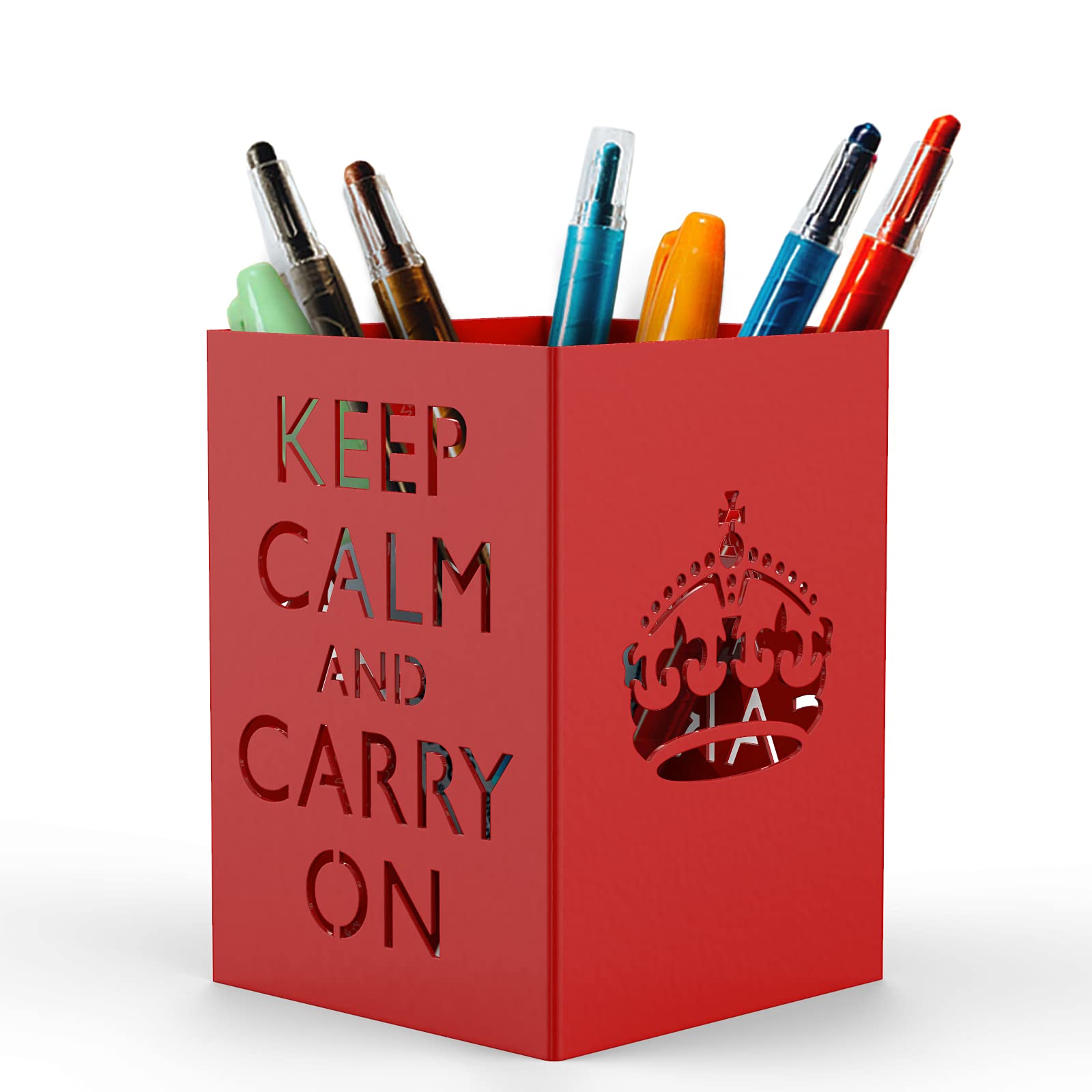 Mango Steam Metal Pen Holder, Stand for Desk - Pencil Cup Organizer for Office, Classroom, Home (Keep Calm, Red)