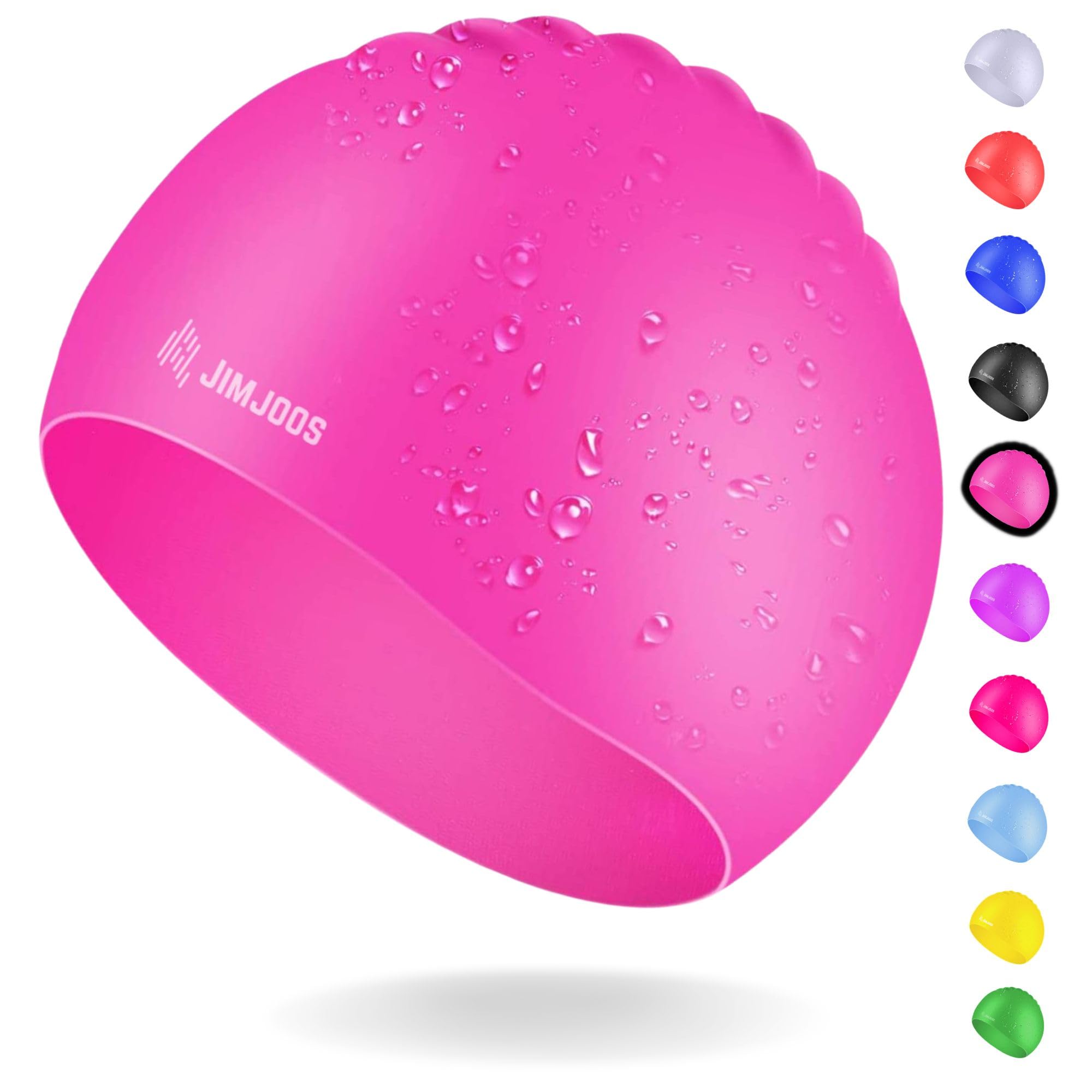 JIMJOOS Kids Swimming Cap 3–14 Years - Silicone Swim Cap for Boys & Girls - Anti-Slip, Stretchable, Waterproof Swimming Hat - Durable, Odour-Free Swim Hat with Protective Pouch (PINK, 3-8 Years)