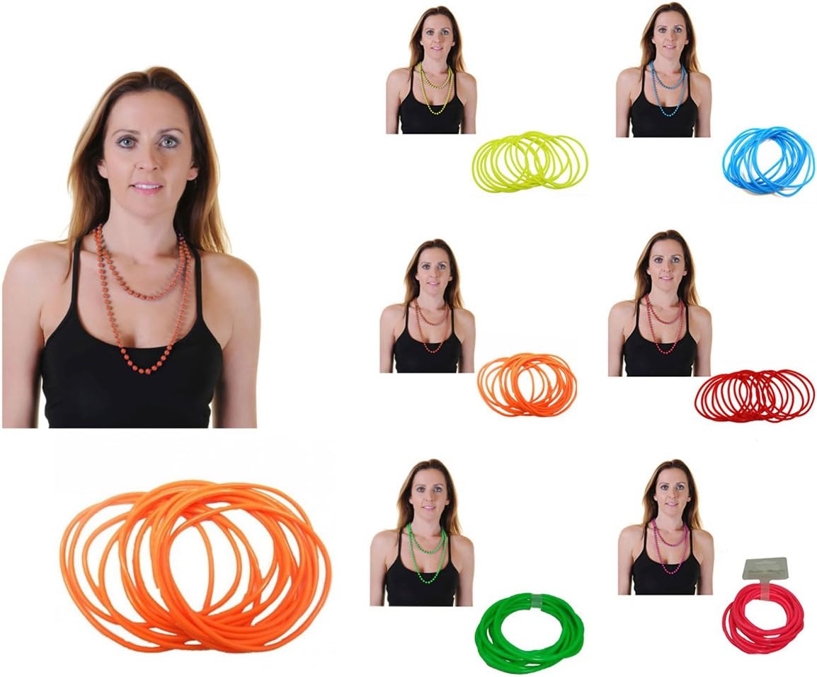 Wicked Fun® Neon Beads Necklace & Gummy Bangles Bracelets 1980's Fancy Dress, Hen Night Party 2 PCs Set (Red)