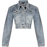 JerXox Women's Cropped Denim Washed Distressed Button Down Long Sleeve Jean Jacket Coats