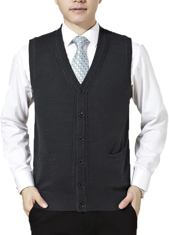 Empire Men's Wool Cardigan Sweater Vest Waistcoat with Pocket Dark Grey