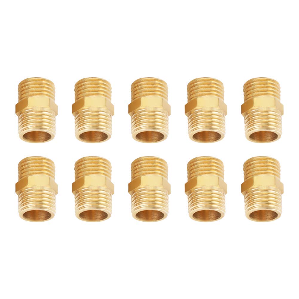 Hilitand 10 Pcs Hex Reducing Nipple, 1/4 BSP to 1/4 BSP Male Thread Pipe Brass Fitting External Hex Nipple Quick Adapter