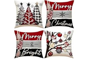 NUWPMPR Christmas Throw Pillow Covers, Decorative Holiday Pattern with Trees, Snowman, Santa, Red Black White, 18x18 Inch, Set of 4 (Black Plaid & Red)